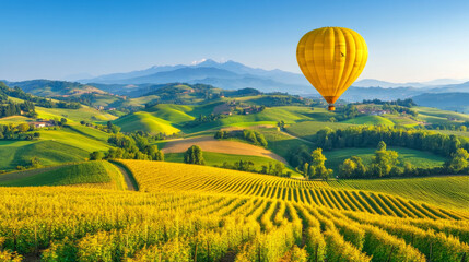 Fototapeta premium vibrant yellow hot air balloon floats over lush green hills and vineyards, with majestic mountains in background under clear blue sky