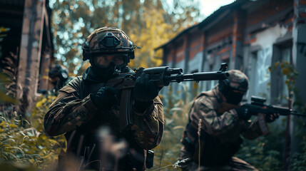 Obraz premium A team of professional airsoft players clear