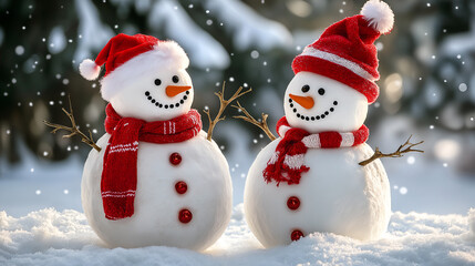 Fototapeta premium Two cheerful snowmen standing in winter christmas landscape. Merry christmas and happy new year greeting card