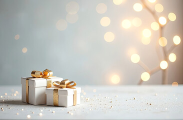 Christmas background with white gift boxes with gold bows, glowing bokeh and glitter. Festive mood Christmas and New Year card with copy space.