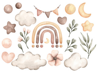 Watercolor hand-drawn set of boho-style illustrations for kids. Cute cartoon fairy clouds, rainbow, stars, moon, flowers, leaves © Nellya Egorova