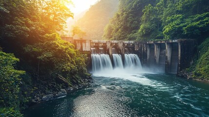 Fototapeta premium Lush hydroelectric dam surrounded by verdant forest and flowing waterfall under the bright sunlight in a scenic peaceful and tranquil natural landscape