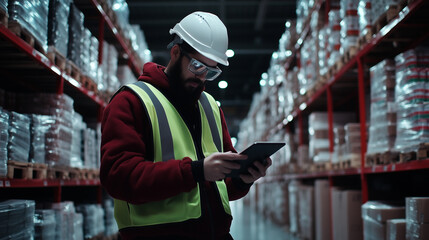 Fototapeta premium A loader in a reflective vest and white helmet audits goods on a tablet in a spacious grocery warehouse aisle, creating a professional wholesale image with room for text.