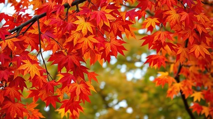 A colorful array of autumn leaves in shades of crimson and gold are scattered across a tree's branches, colorful foliage, seasonal change