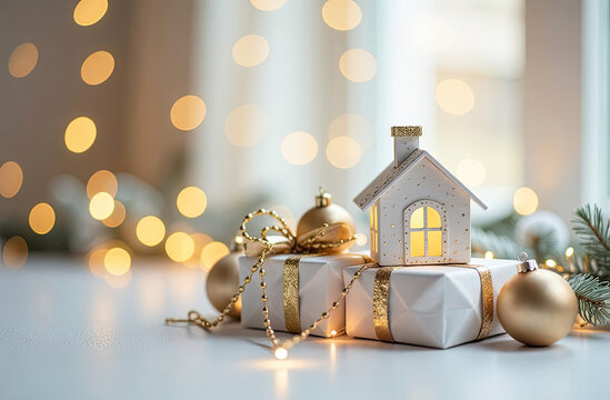 Gold and white simbol house and gift box under Christmas tree on table Christmas background with golden glitter on greeting card. Real estate, realtor, mortgage, insurance, booking. 
