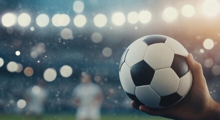 Fototapeta premium Soccer ball on the field with players in the background during a match at sunset