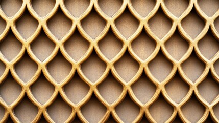 Golden lattice pattern with repeating oval shapes and metallic texture in a close-up view