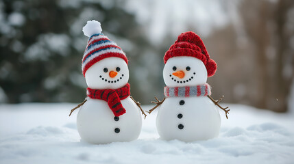 Fototapeta premium Two cheerful snowmen standing in winter christmas landscape. Merry christmas and happy new year greeting card