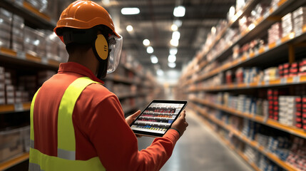 A grocery warehouse aisle filled with products; a loader in reflective gear and helmet reviews inventory on a tablet, creating a wholesale display with space for text.