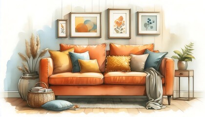 Cozy Living Room With Orange Sofa and Stylish Decor Elements. generator AI