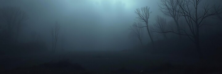 Naklejka premium A dark and abandoned landscape is filled with an impenetrable fog that seems to seep from the very ground itself casting a mysterious shadow on the surroundings, foggy mist, haunting beauty