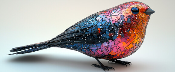 3D render of a colorful bird, made from a black metal material with a holographic effect, on a white background, side view, high-resolution photography.