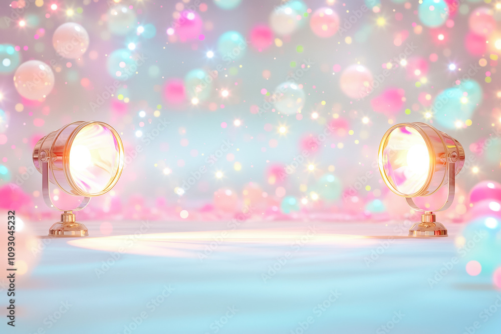 Poster studio lights shine on a dreamy backdrop with soft-focus color orbs, ideal for dynamic displays