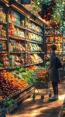 Obraz premium A shopper selecting items from a grocery store Woman shopping in vibrant grocery store
