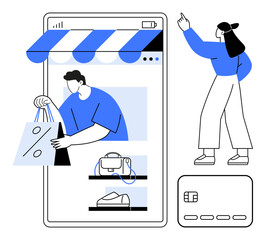 Shopper browsing products on smartphone app, carrying shopping bags. Ideal for e-commerce, mobile shopping, internet retail, online purchases, digital payments, consumer behavior, marketing