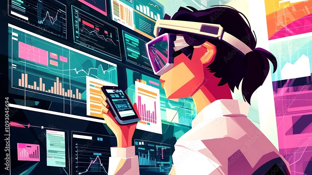Poster marketer analyzing a holographic display of business analytics revenue charts and advertising campai
