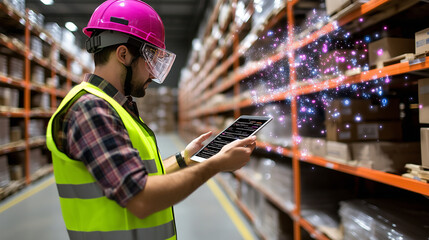 A loader in a reflective vest and helmet stands near a fully stocked warehouse shelf, closely examining a tablet for inventory data, surrounded by bright space and text room.