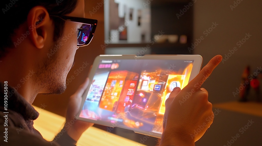 Poster marketer examining holographic display of digital advertising analytics and revenue trends on tablet