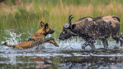 African Wild Dog Lycaon pictus pack attacking buffalo