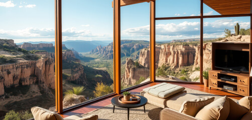 A serene glass-walled studio nestled atop a rugged canyon, offering breathtaking vistas of unspoiled cliffs and the lush valley below, where plush furnishings and warm.