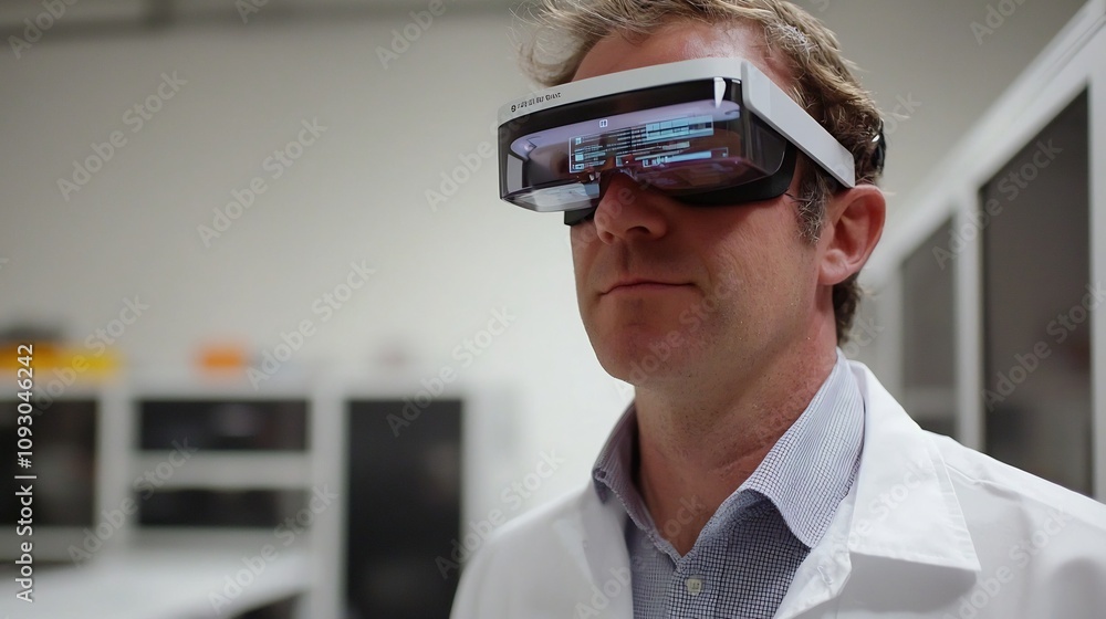 Poster marketer wearing augmented reality glasses analyzing 3d visualizations of automated marketing strate