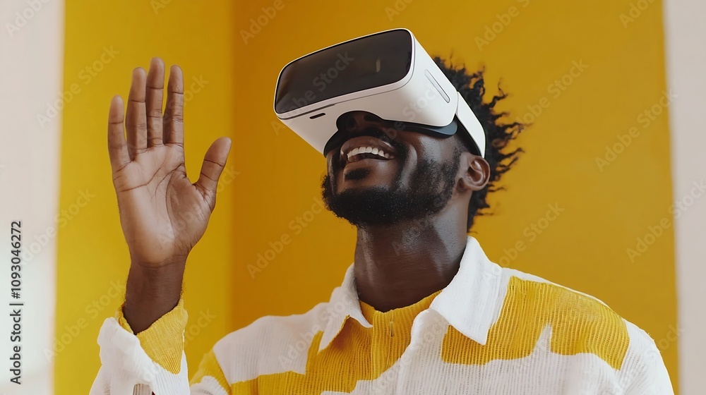 Poster marketer wearing augmented reality headset visualizing and analyzing automated marketing strategies 