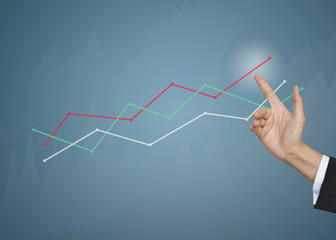 Hand touching growth graphs of financial indicator and accounting market economy analysis chart, business strategy concept.