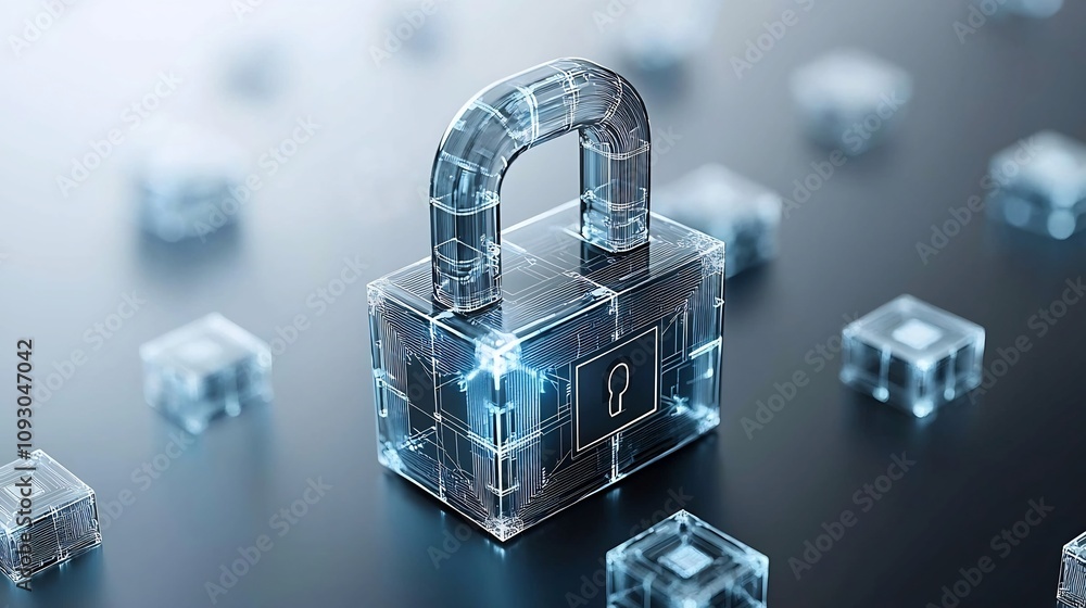 Poster Holographic lock symbol with qubits floating around illustrating the concept of secure quantum data encryption  This high tech