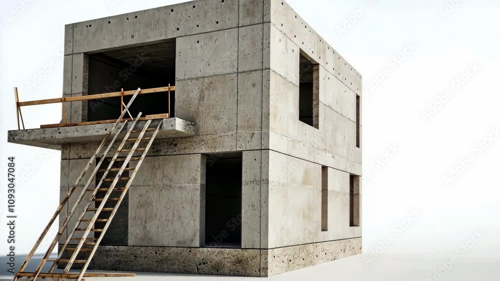 Poster a large concrete building with a ladder on the side. the building is unfinished and has a lot of spa