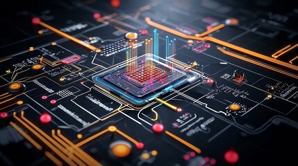 Vibrant and dynamic data patterns in a futuristic quantum computing environment highlighting the intricate workings and potential of quantum computing technology and its revolutionary qubits