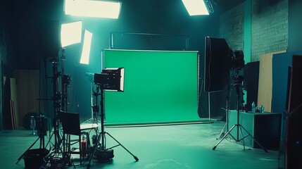 Film studio with green screen and professional lighting rigs representing technical equipment for visual effects and film production