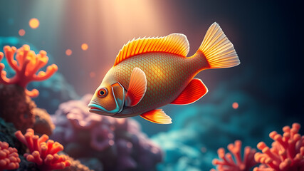 Obraz premium A tropical fish swimming through glowing coral reefs illustration. Generative AI