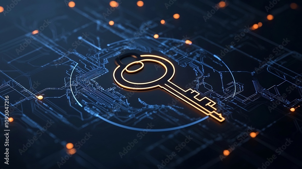 Aufkleber Glowing Key Symbol Within a Quantum Network Showcasing the Concept of Quantum Secure Communication for Secure Data Transmission and Encryption in the Digital Age