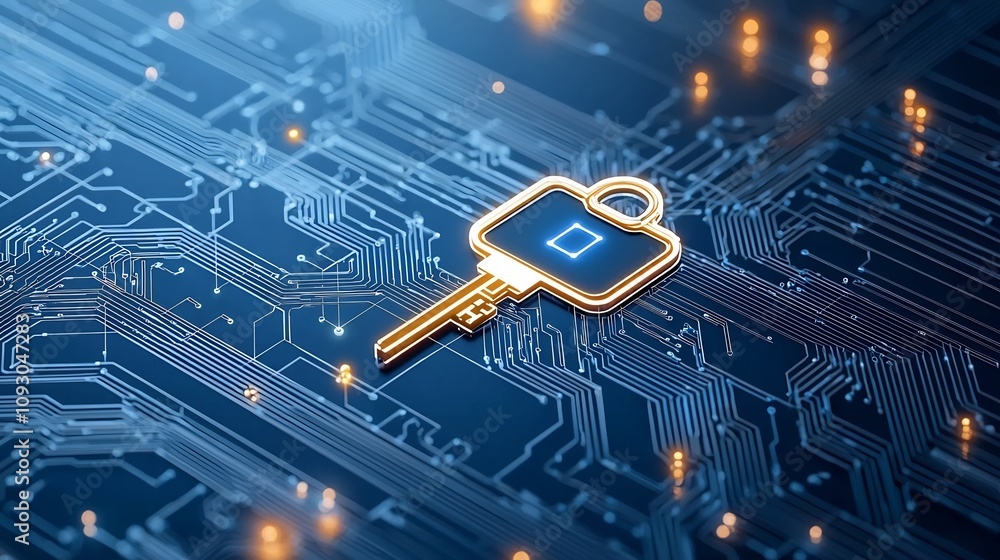 Poster Glowing key symbol within a quantum network representing the concept of quantum secure communication and the advancement of digital data security technologies
