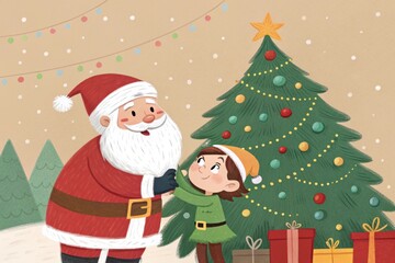 Santa and a child in front of a Christmas tree