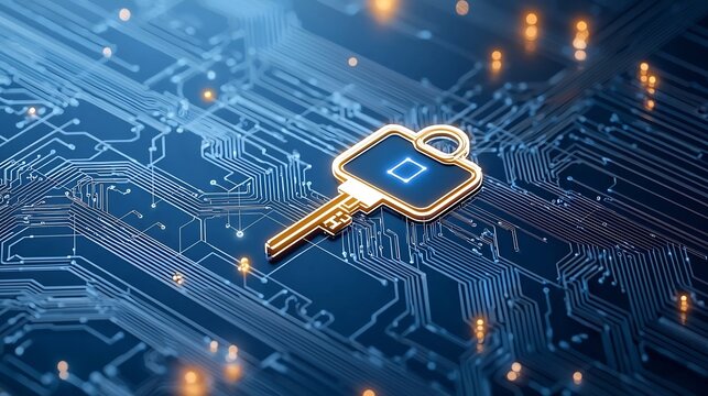 Glowing key symbol within a quantum network representing the concept of quantum secure communication and the advancement of digital data security technologies