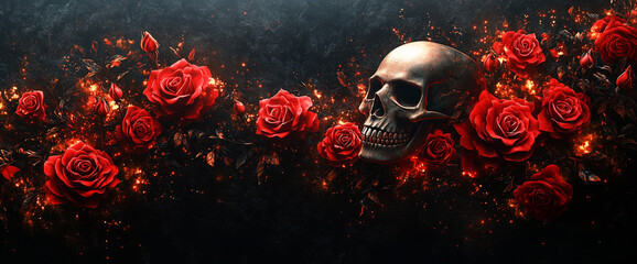 3D vector illustration of red roses and a skull on a black background, a tattoo design for a t-shirt print, in the style of digital art. Gothic style.