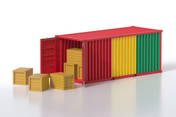 Cargo Container with Guinea Flag Being Unloaded with Wooden Crates on White Background