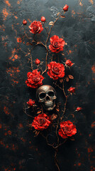 3D vector illustration of red roses and a skull on a black background, a tattoo design for a t-shirt print, in the style of digital art. Gothic style.