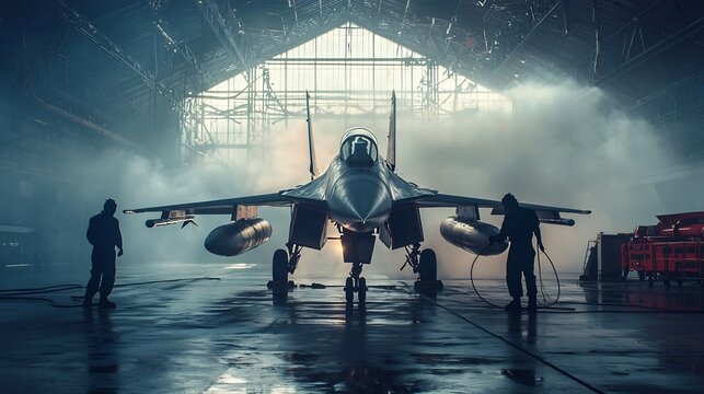 Military Jet Undergoing Maintenance in a Hangar with Mechanics Meticulously Inspecting and Repairing the Aircraft to Ensure its Readiness for Future Missions and