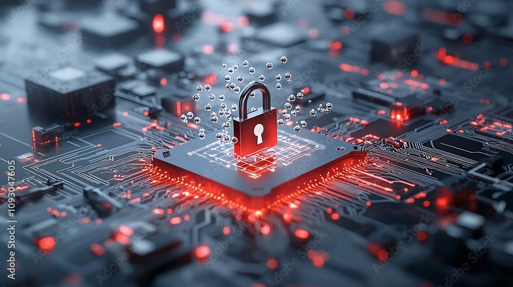 Leinwandbilder Quantum Particles Forming Around a Digital Lock Symbolizing the Concept of Data Security and Encryption in Advanced Quantum Computing Networks and Infrastructure