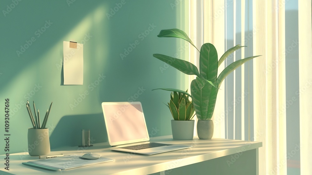 Poster minimalist and cozy home office setting with white desk laptop potted cactus and bright natural ligh