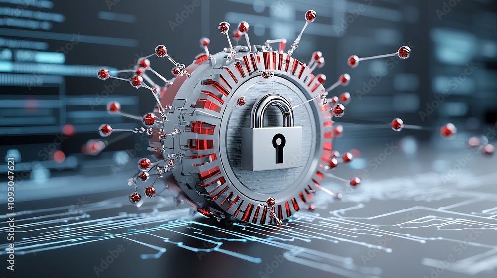 Poster Quantum particles enveloping a digital lock illustrating the concept of advanced data security and encryption in emerging quantum network technologies