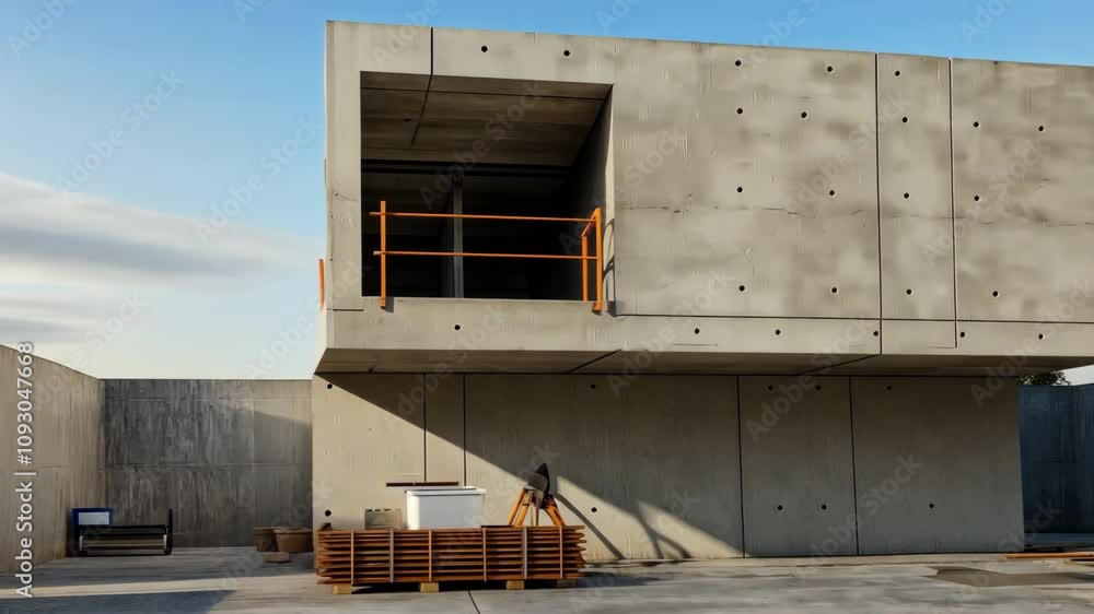Poster a large white building with a balcony and a wooden box on the ground. the building is empty and the 