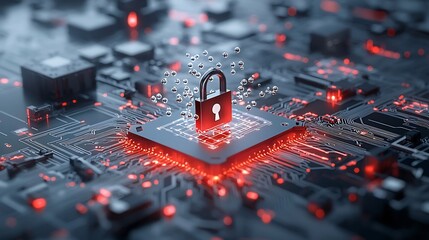 Quantum Particles Forming Around a Digital Lock Symbolizing the Concept of Data Security and Encryption in Advanced Quantum Computing Networks and Infrastructure