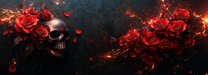 3D vector illustration of red roses and a skull on a black background, a tattoo design for a t-shirt print, in the style of digital art. Gothic style.