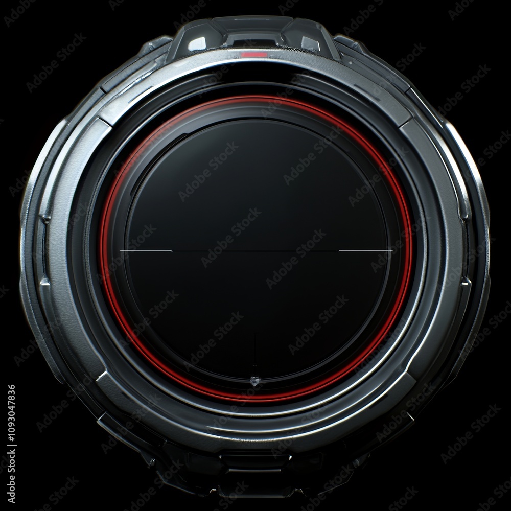 Poster futuristic circular device with red light and dark screen.