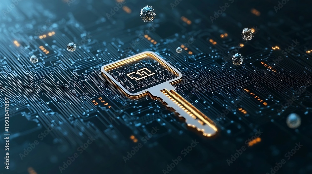 Aufkleber Quantum Key Icon With Data Streams and Floating Particles Emphasizing Secure Encryption Technology