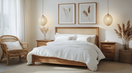 Cozy bedroom with natural decor and soft lighting creates a serene atmosphere