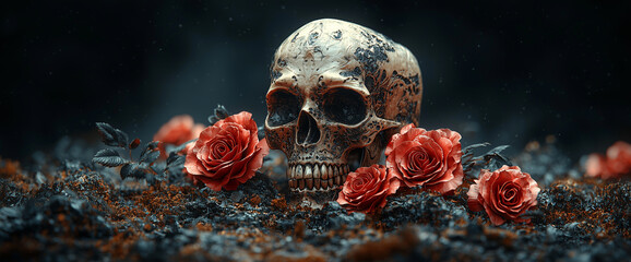 3D vector illustration of red roses and a skull on a black background, a tattoo design for a t-shirt print, in the style of digital art. Gothic style.